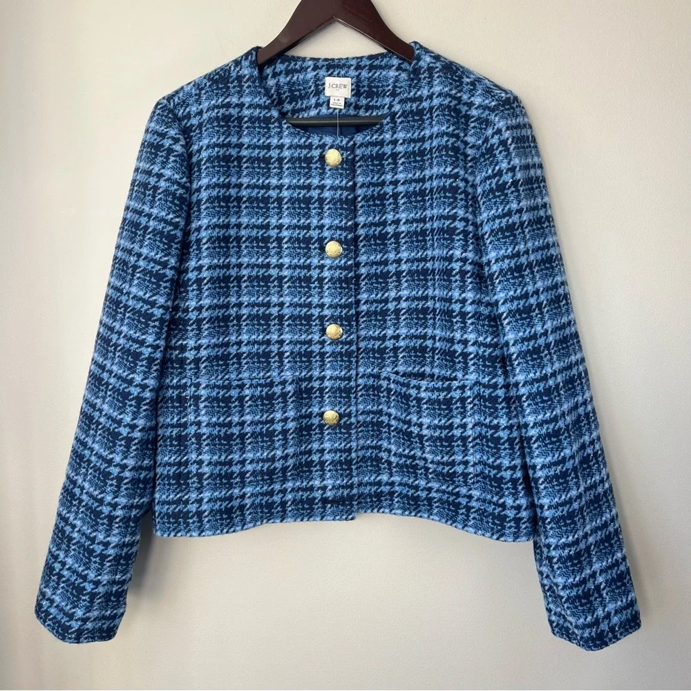 NWT J.Crew Womans 14 Baltic Blue Check Lady Jacket Crop Tweed Blazer Wool Blend